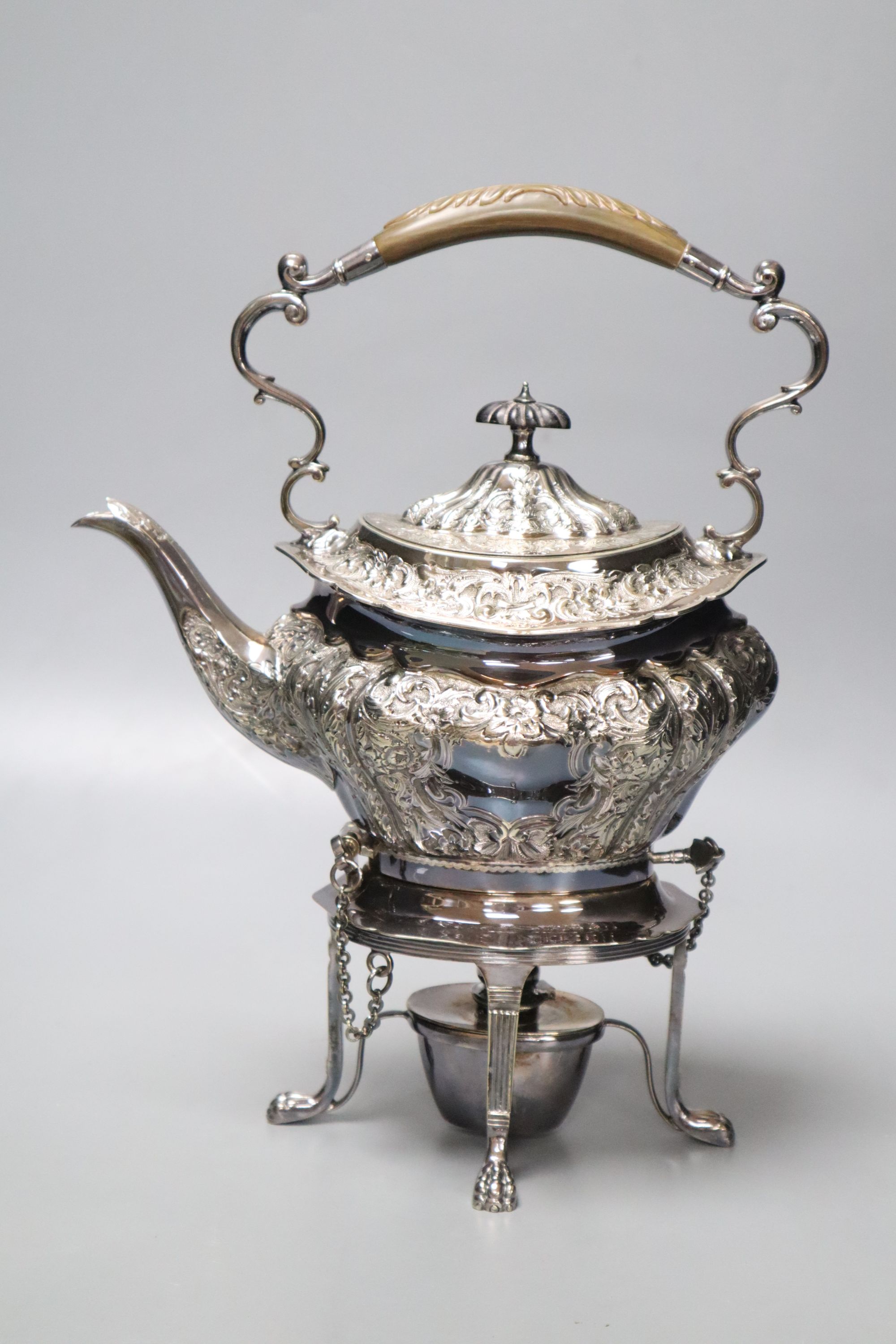 A Victorian plated tea kettle and stand, height 31cm